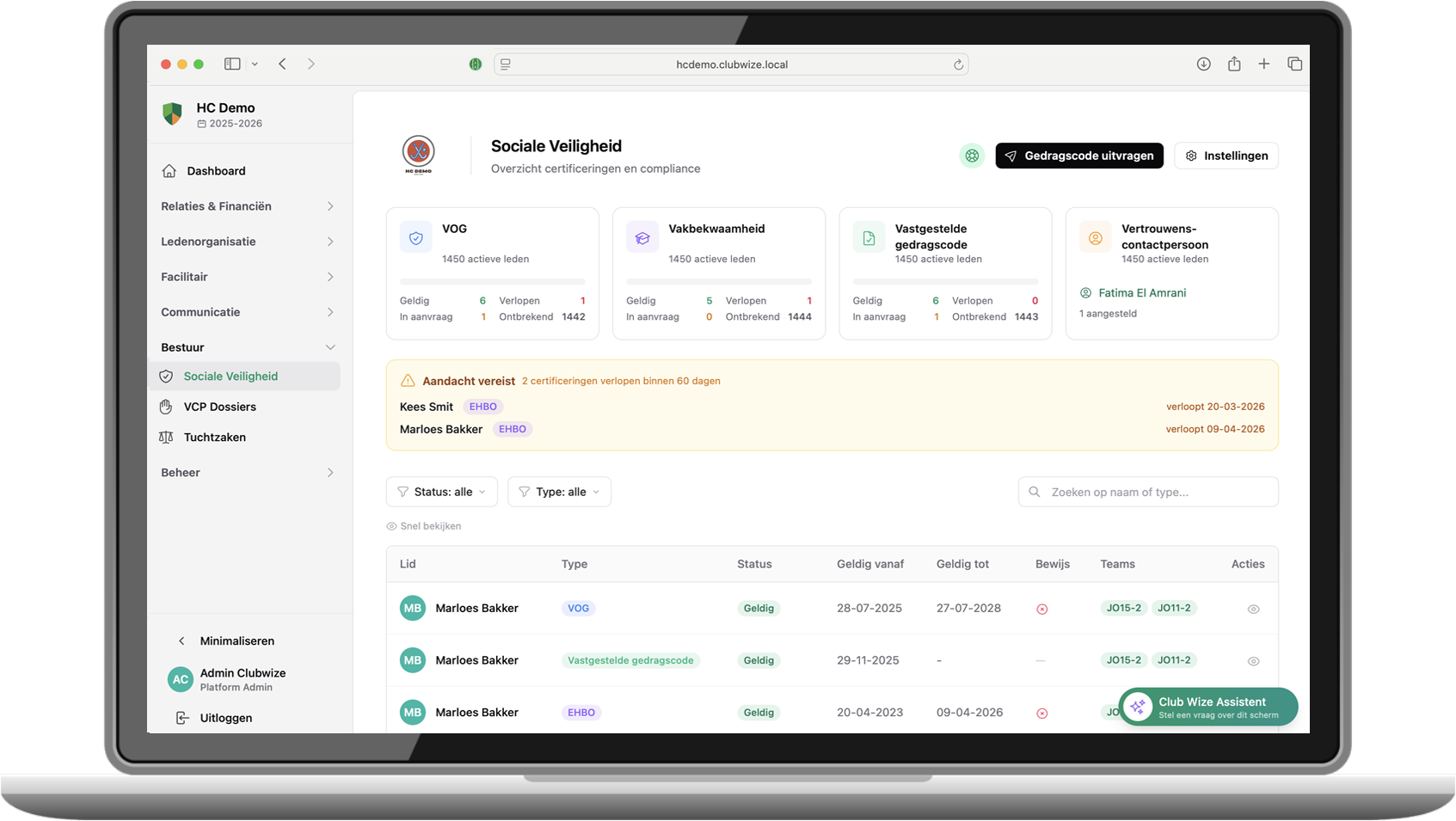 Club Wize Dashboard - Locaties beheren