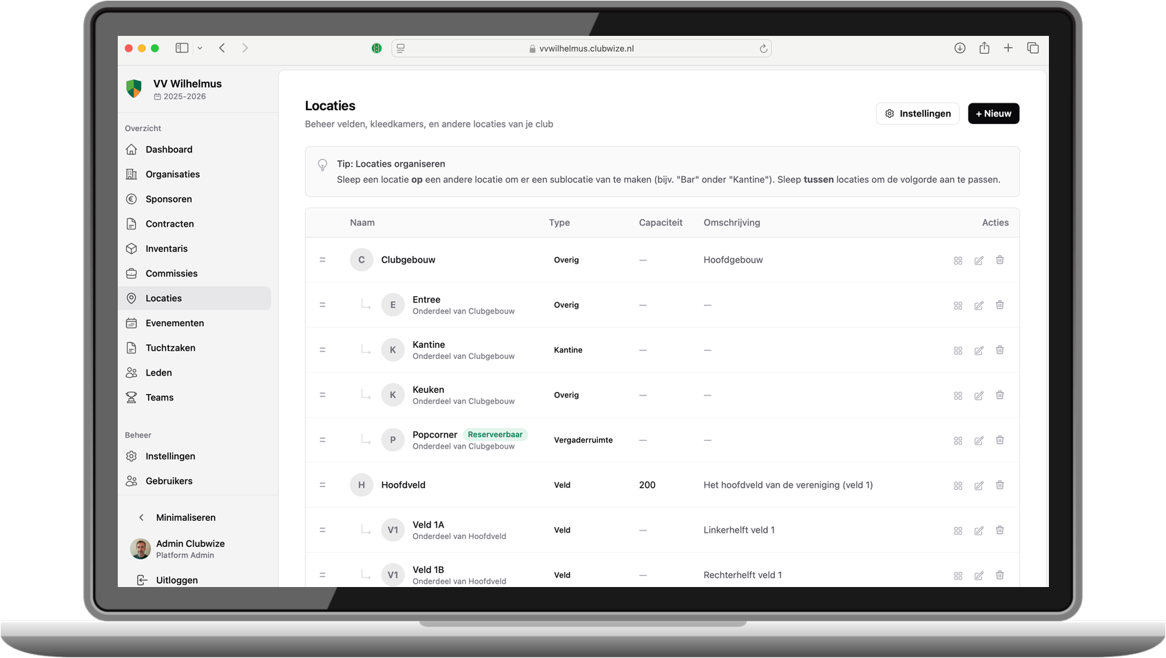 Club Wize Dashboard - Locaties beheren